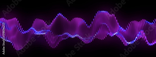 Fototapeta Bright wavy background. Glowing dots and lines. Neon light. Wave element for design. Smooth particle waves. Dynamic techno wallpaper.Violet, purple colors