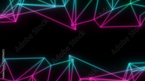 Neon futuristic wireframe surface. Triangula glowing structure. Connected lines triangle technology construction. Wed design cover template. Abstract backround. Blue and pink color