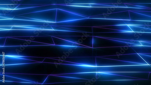 Neon futuristic wireframe surface. Triangula glowing structure. Connected lines triangle technology construction. Wed design cover template. Abstract backround. Blue and violet colors