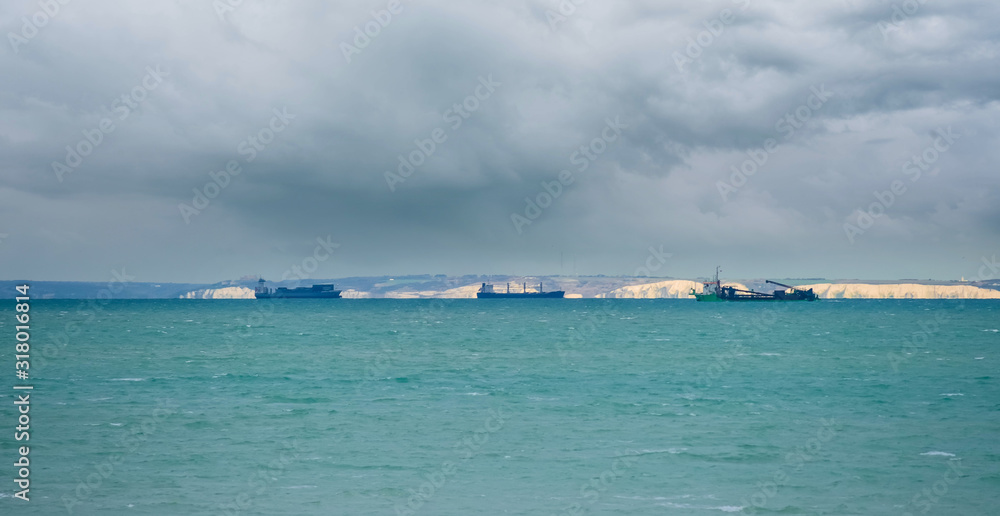 opal coast landscape with cargo boats crossing the Channel