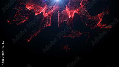 Explosion of red powder or dust. Glowing particle splash, fume effect, festive abstract background. Explode particles freeze. Isolated on black. © Bokehstore