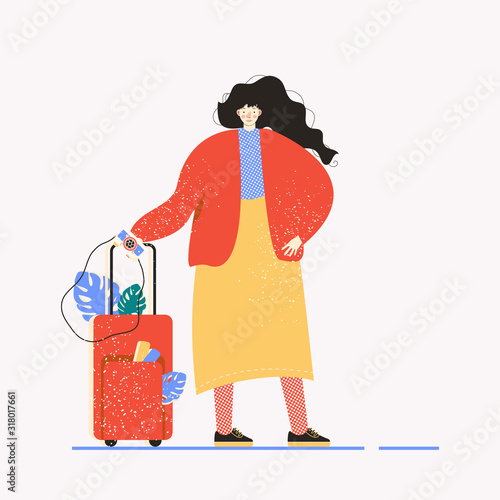 A young woman with a suitcase goes on a trip. Cute female cartoon character waiting for the flight. Colored vector illustration flat style