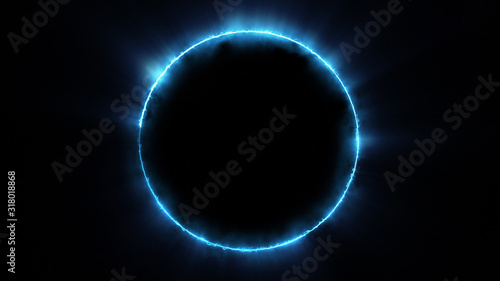 Template for text : Blue neon glowing glare circle with rays. Frame isolated on black background