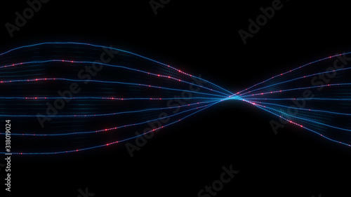 Abstract DNA structure. Neon dots connecting. Futuristic biotechnology system. Helix, spiral rotating. Bright light flare.