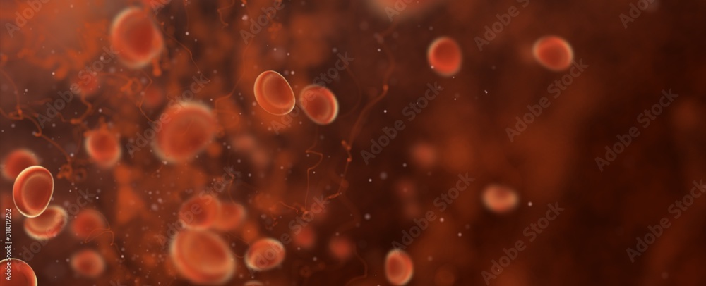 3D red blood cells in vein. Antivirus medical healthcare concept, wide screen web banner backgrounds - obrazy, fototapety, plakaty 