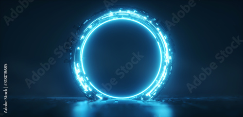 Futuristic blue glowing neon round portal. Sci fi metal construction.