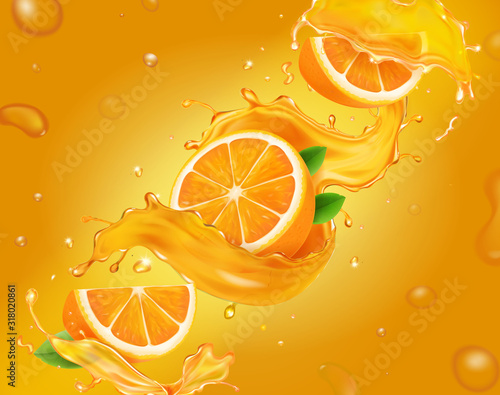 Vector juicy, fresh orange background with whole and slices of oranges with juice splash, leaves and drops advertising