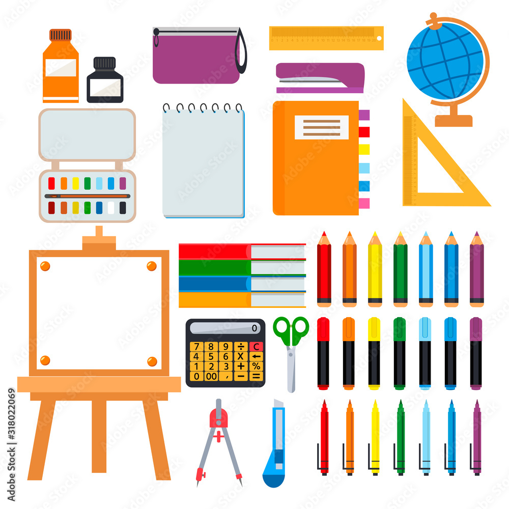 Obraz School Supplies: ball point pens, highlighters, pencils, scissors, books, stationery knife, calculator. Vector illustration