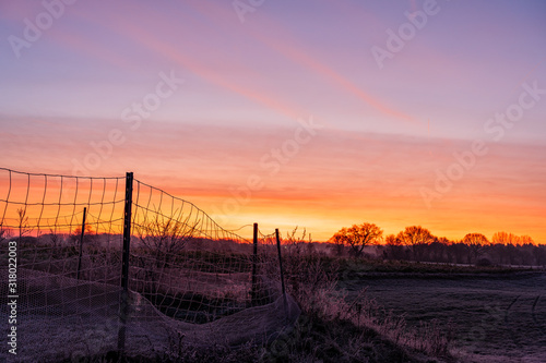 sunrise farm morning fence field