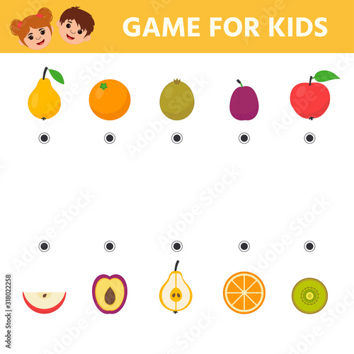 Education logic game for preschool kids. Kids activity sheet. Combine fruit with halves.  Children funny riddle entertainment.