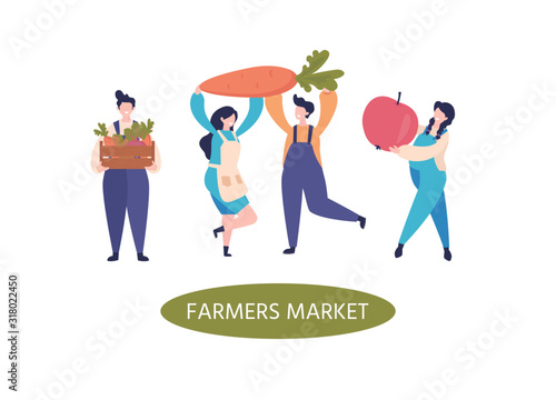 Farmers characters. Flat farmers with fruits, vegetables. Organic vegetable crops cultivation. Harvest market. Vector illustration