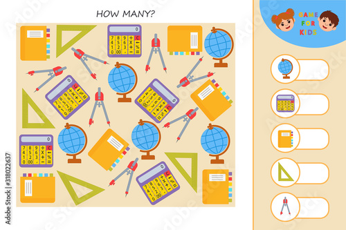 Education logic game for preschool kids. Count the school supplies.  Children funny riddle entertainment. Printable worksheet.
