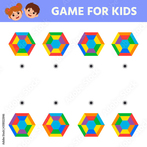 Education math game for kids development of logic iq. Kids activity sheet. Find matching shapes. Children funny riddle entertainment