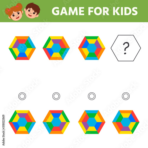 Education math game for kids development of logic iq. Kids activity sheet. What will be the shape after the rotation Geometric figure. Children funny riddle entertainment