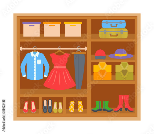 Wardrobe with clothes on shelves.  Cartoon clothes and footwear. Vector illustration
