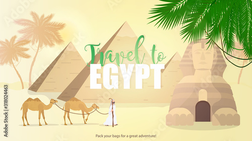 Travel to Egypt banner. Egyptian sphinx, pyramids, palm trees and camels. Well suited for advertising tours to Egypt. Vector poster.