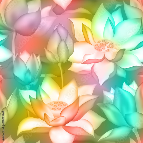 Lotus buds and flowers seamless fabric print., Water lilly nelumbo aquatic plant botanical design.