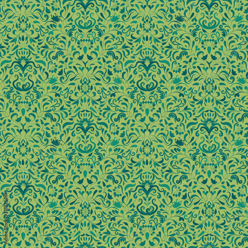 A green damask botanical ornament seamless vector pattern. Elegant vintage surface print design.
