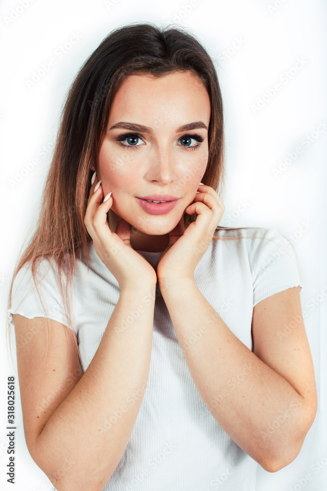 young pretty teenage hipster girl posing emotional happy smiling on white background, lifestyle people concept young pretty teenage hipster girl posing emotional happy smiling on white background, lifestyle people concept
