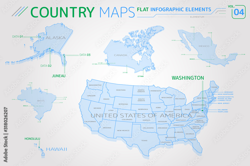 United States of America, Alaska, Hawaii, Mexico, Canada and Brazil Vector Maps