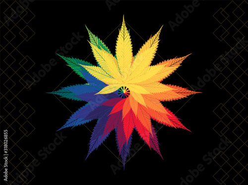 Cannabis Leaves or marihuana leaves formed a Color Wheel inside a golden diamond with art deco golden pattern at sides and black background