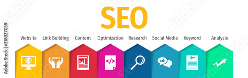 SEO search engine optimization banner web icon for business and marketing, traffic, ranking, optimization, link and keyword. Minimal vector infographic.