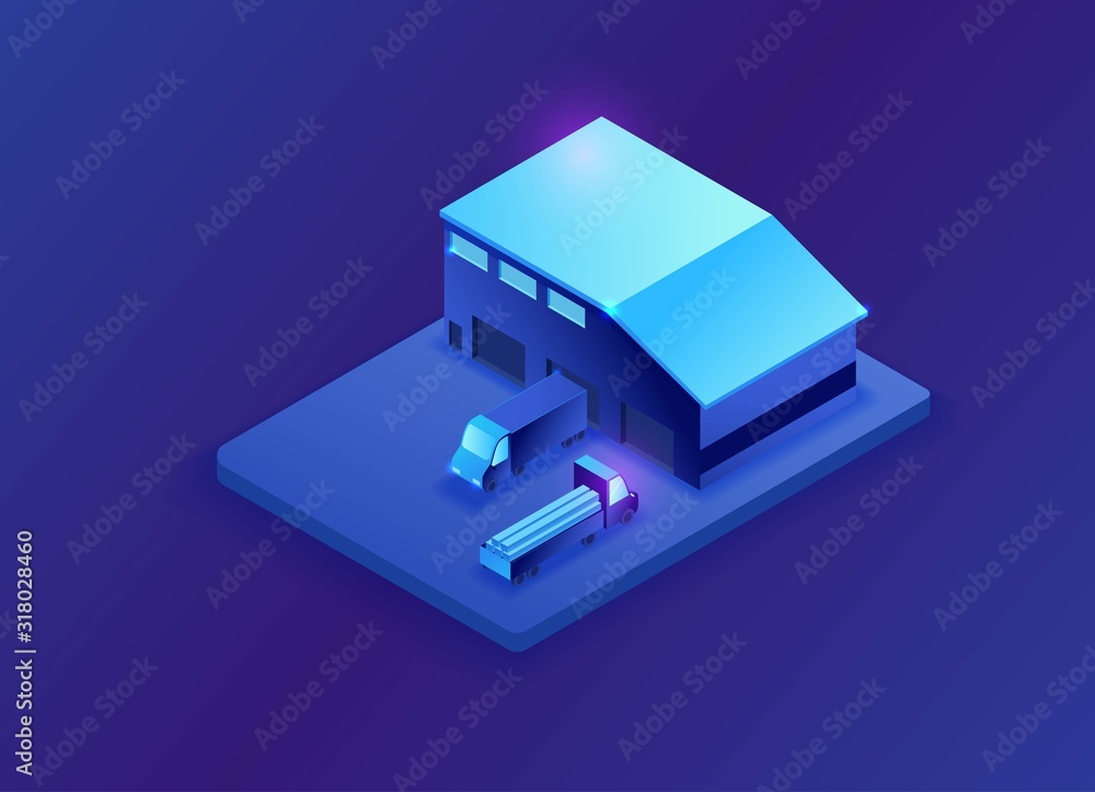 Warehouse isometric 3d illustration, neon blue storage building with trucks Warehouse isometric 3d illustration, neon blue storage building with trucks