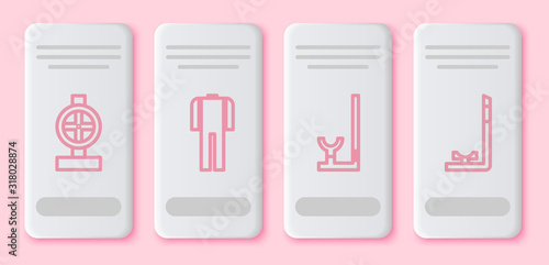 Set line Industry metallic pipes and valve, Wetsuit for scuba diving, Snorkel and Snorkel. White rectangle button. Vector