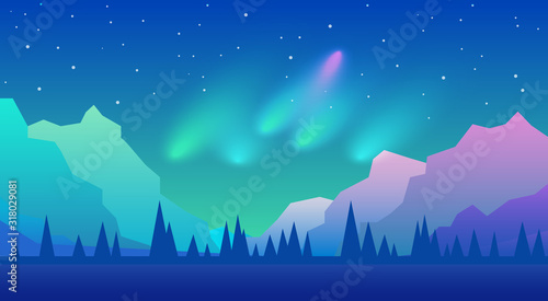 Vector abstract background. Northern Lights. Landscape in minimalistic concept. Sky with color gradient fill. Graphic design element for games  web pages  banners. UI design. 