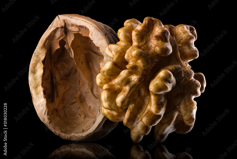 Set of walnuts isolated on a black background Set of walnuts isolated on a black background