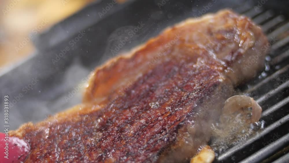 juicy steak on the grill pan slow motion juicy steak on the grill pan slow motion