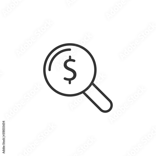 Magnifier glass with money icon in flat style. Dollar search vector illustration on white isolated background. Financial currency business concept.