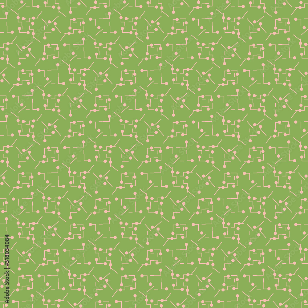 A pink lines and dots on green background seamless vector pattern. Abstract surface print design. A pink lines and dots on green background seamless vector pattern. Abstract surface print design.