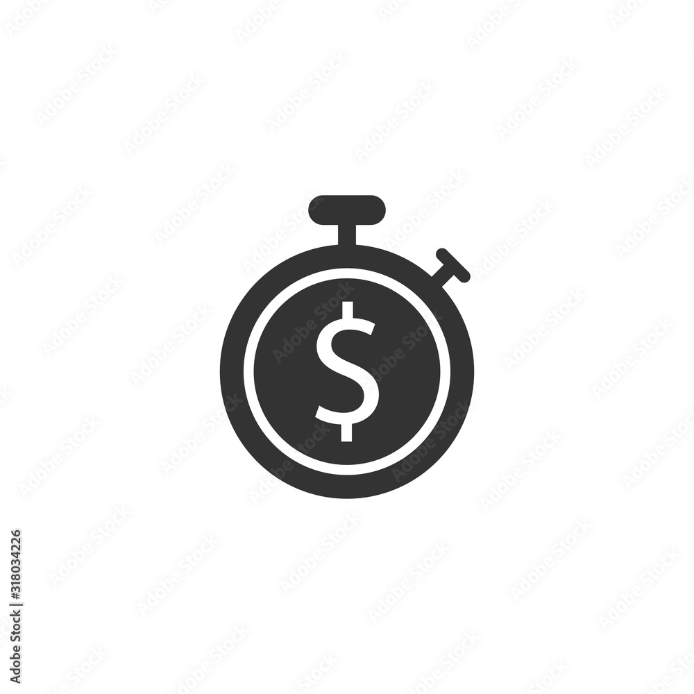 Time is money icon in flat style. Clock with dollar vector illustration on white isolated background. Currency business concept. Time is money icon in flat style. Clock with dollar vector illustration on white isolated background. Currency business concept.