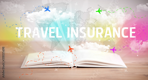 Open book with TRAVEL INSURANCE inscription, vacation concept