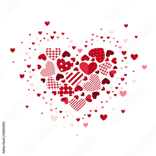 Happy Valentine's day greeting card. Red patchwork hearts.