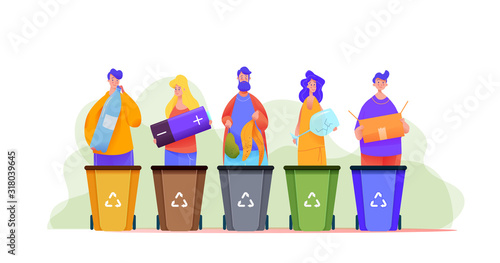 Group of people sort trash in multi-colored bins.