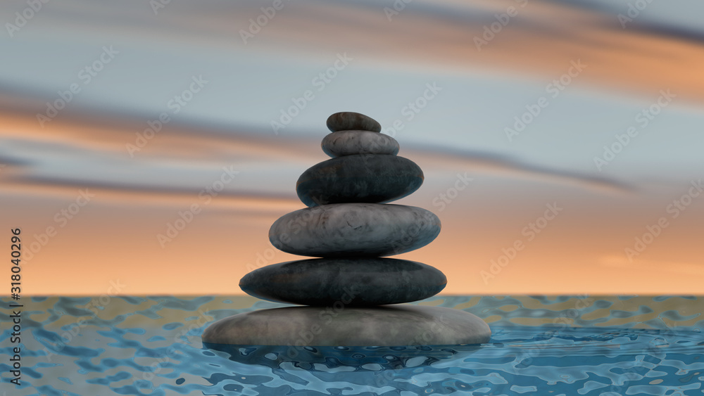 Zen meditation background,balanced stones stack (3d rendering)