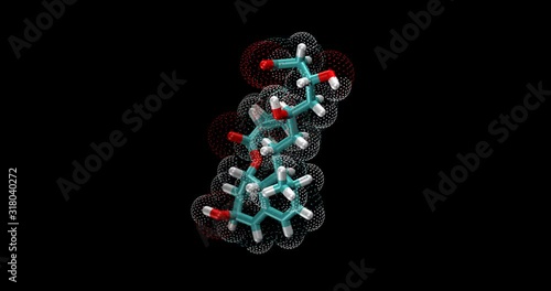 Pravastatin, HMG-CoA reductase inhibitor, statin cholesterol reduction, 3d molecule in stick representation, spinning on Y axis, 4K
 photo