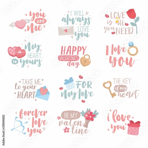 Happy Valentine s Day typography set. Hand drawn lettering with cute love icons. Emblems and text element with hearts  flowers  gifts. Amazing text for greeting card  poster  post card.