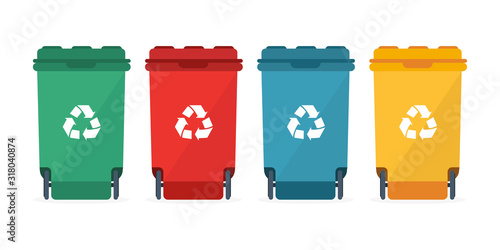 Different colored recycle waste bins vector illustration, Waste types segregation recycling.