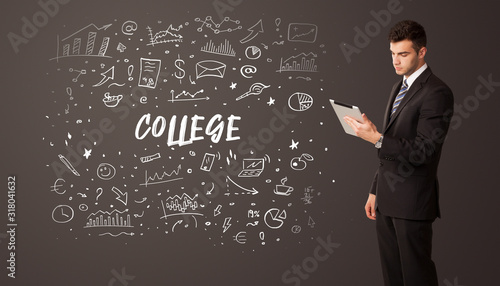 Businessman thinking with COLLEGE inscription, business education concept