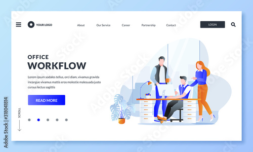 Teamwork, business communications and office workflow concept. Vector flat illustration. Colleagues discussing project.