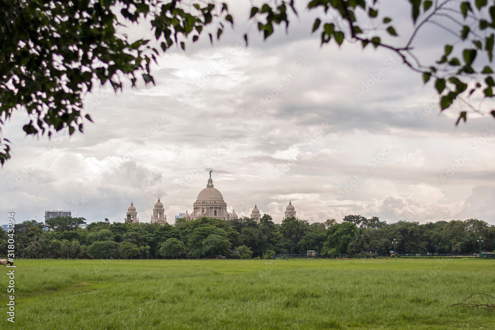City scape horizon view of Maidan park with the Victoria Memorial, Kolkata, West Bengal, India