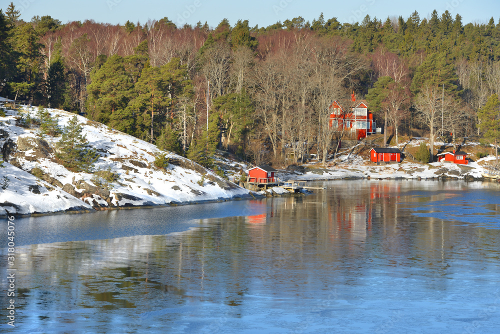 Stockholm archipelago, largest archipelago in Sweden, in Baltic Sea. Bright sunny spring day. March