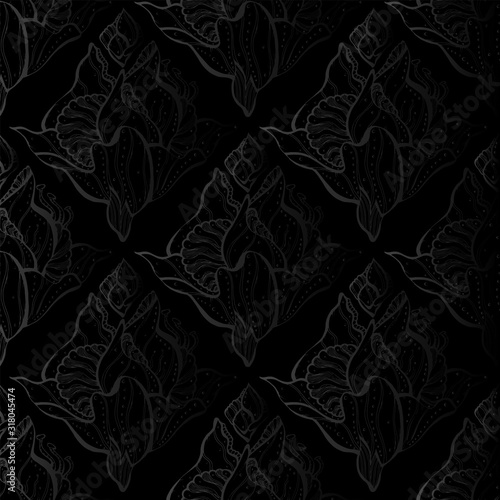 Gothic seamless pattern on a black background. Manually drawn plant elements. Vector 10 EPS.