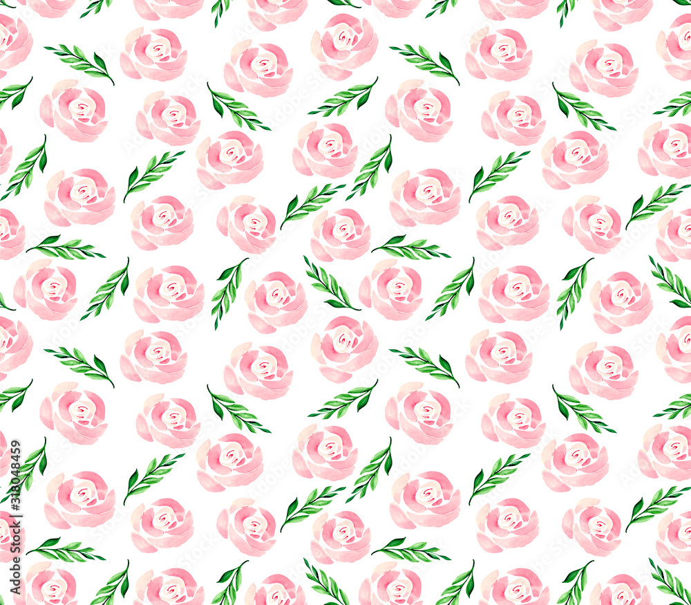Seamless Botanical pattern with delicate rose flowers and green leaves. Watercolor background for Wallpaper, textile or packaging design.