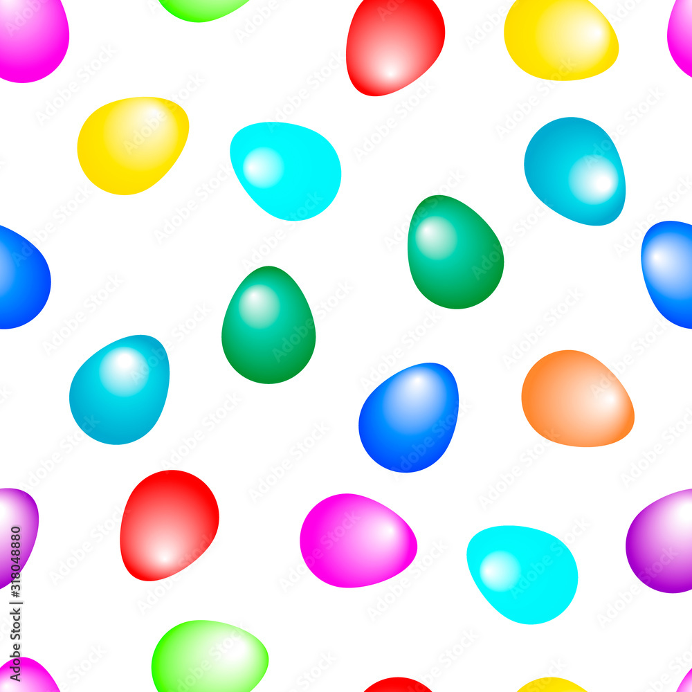 Eggs are a seamless pattern on a white background. Colorful eggs for Easter. Spring holiday. Easter background. For textiles, packaging, and paper.Vector