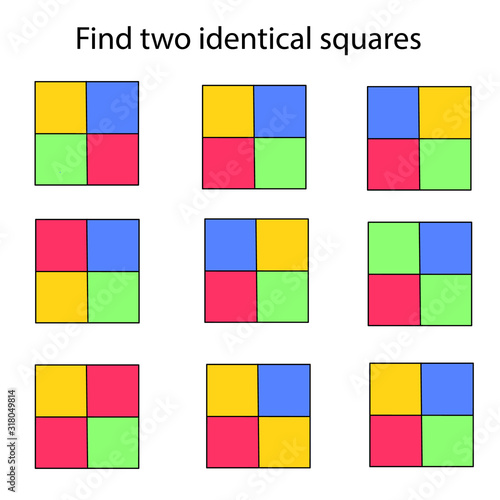 Find two identical squares, fun education puzzle game for children, preschool worksheet activity for kids, task for the development of logical thinking and mind, vector illustration