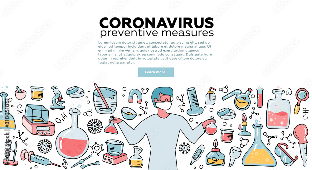 Obraz premium Male Microbiologist scientist research coronavirus CoV in the laboratory surrounded by virus, scientific medical equipment . Awareness campiagn. Tempalte for landing page. Flat vector illustration.